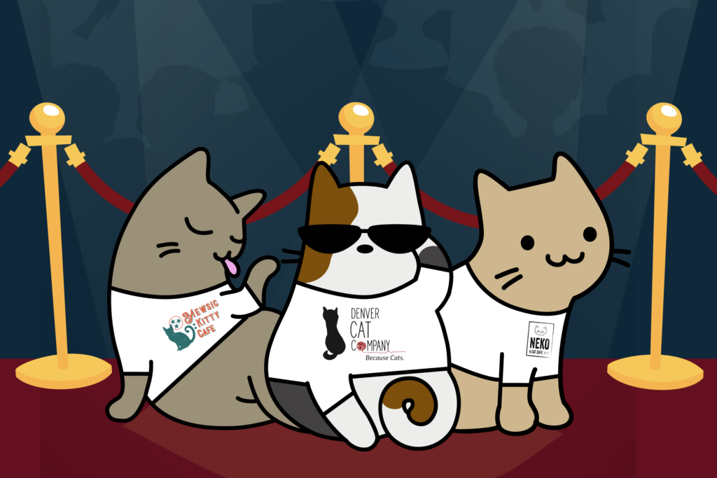 cartoon of three cats wearing cat café shirts